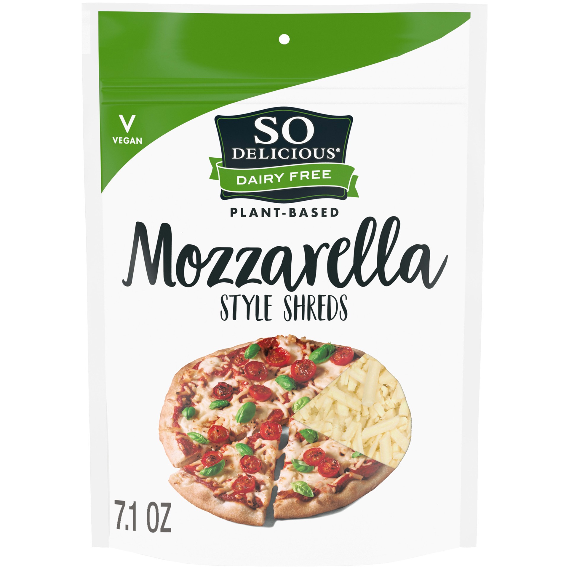 slide 1 of 9, So Delicious Dairy Free Mozzarella Style Shreds, 7.1 oz. Bag, Vegan, Shredded Cheese Alternative, Non-GMO Project Verified, 7.1 oz