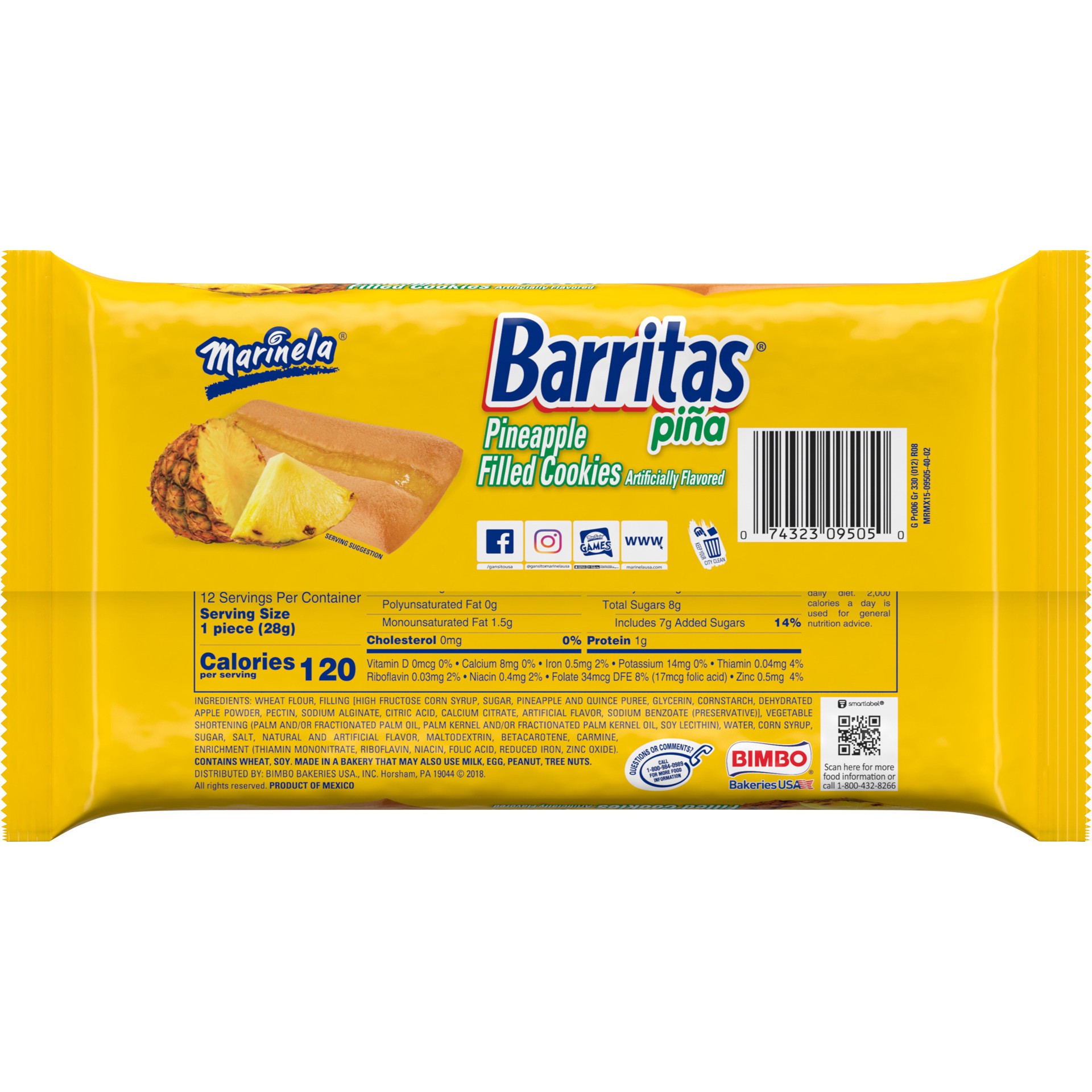 slide 2 of 5, Marinela Barritas Piña Pineapple Filled Cookies, 6 packs, 11.64 oz, 6 ct