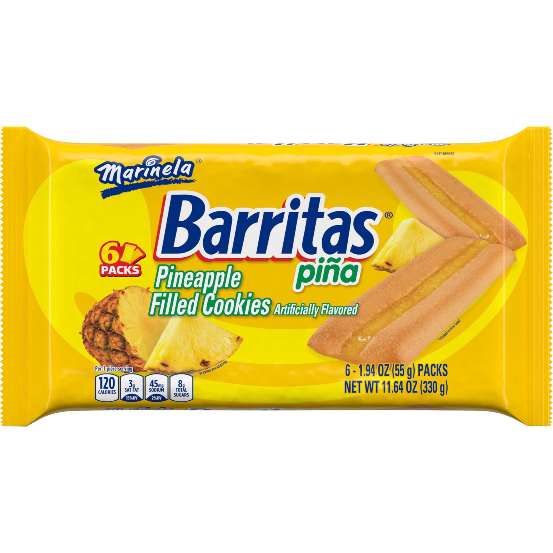 slide 1 of 5, Marinela Barritas Piña Filled Cookies, 6 packs, Pineapple Cookie Bars, 11.64 oz Multipack, 6 ct