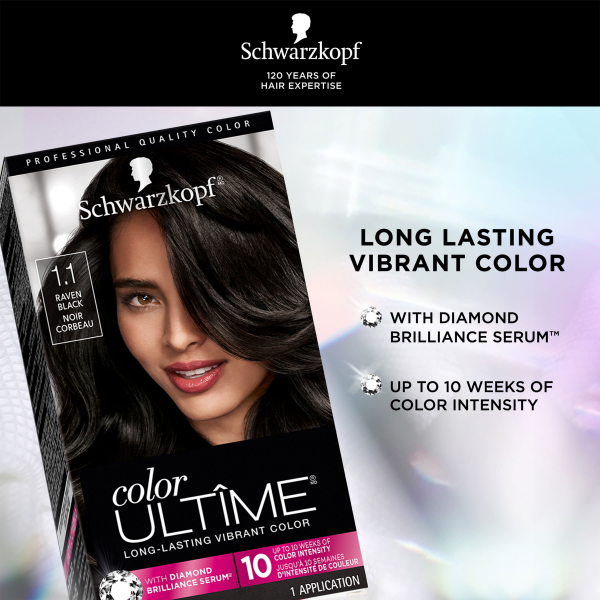 slide 16 of 17, Schwarzkopf Color Ultime Hair Color, 1.1 Raven Black, 1 Application - Permanent Black Hair Dye for Vivid Color Intensity and Fade-Resistant Shine up to 10 Weeks, 5.70 fl oz