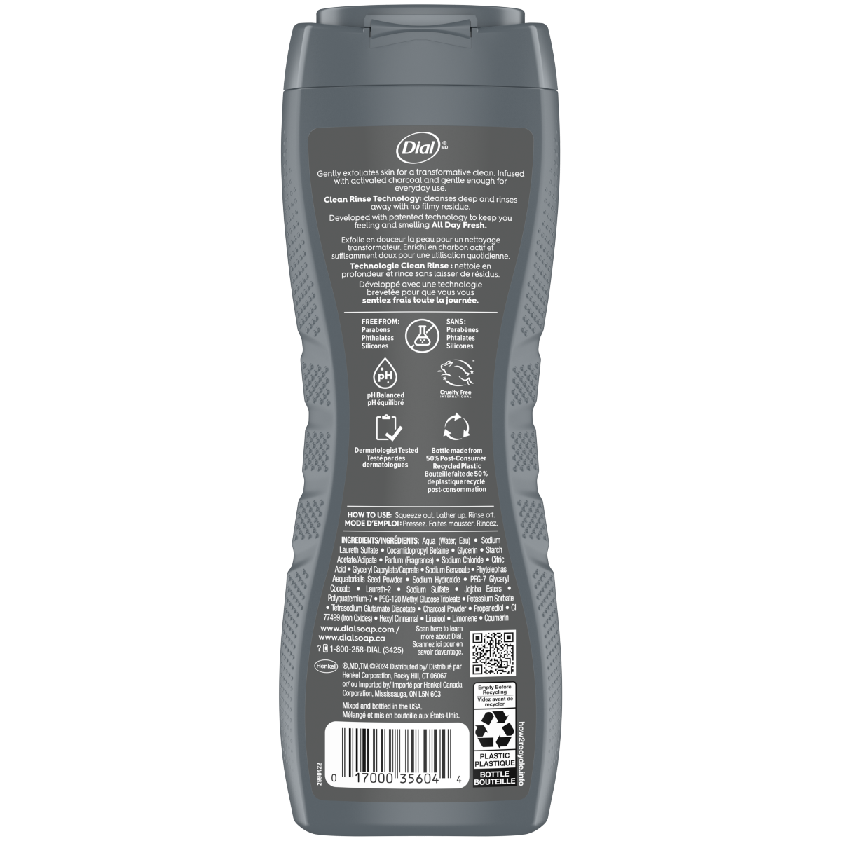 slide 2 of 2, Dial Gentle Exfoliating 2 in 1 Activated Charcoal Body + Face Wash 16 fl oz, 16 fl oz