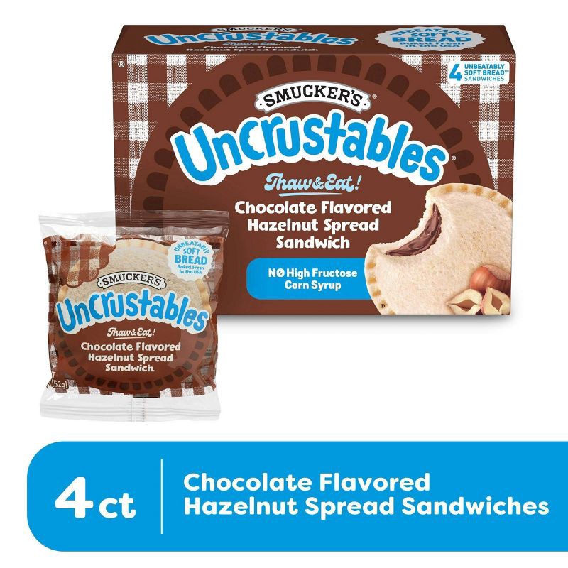 slide 3 of 10, Smucker's Uncrustables Chocolate Flavored Hazelnut Spread Frozen Sandwich - 7.2oz/4ct, 4 ct; 7.2 oz