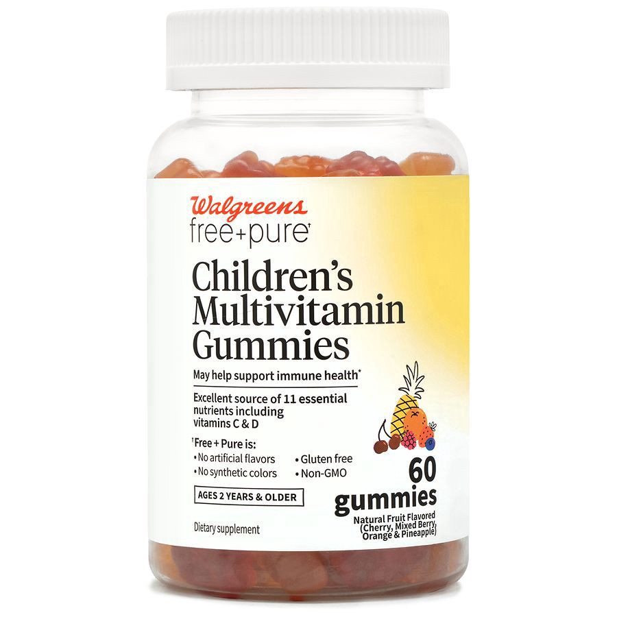 slide 1 of 3, Walgreens Free & Pure Children's Multivitamin Gummies Natural Fruit, 60 ct