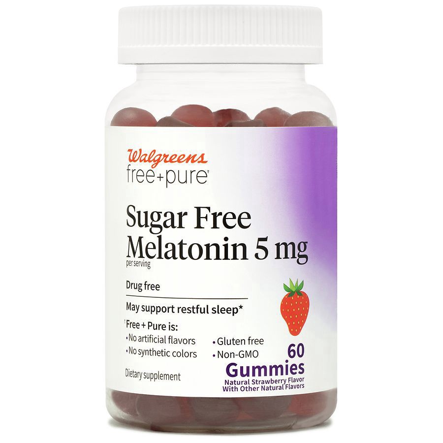 slide 1 of 3, Walgreens Free & Pure Sugar Free Melatonin 5 mg Gummies Natural Strawberry, 60 ct