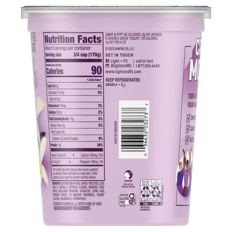 slide 12 of 13, Light + Fit Nonfat Gluten-Free Vanilla Greek Yogurt - 14g Protein 32oz, 14 gram, 32 oz