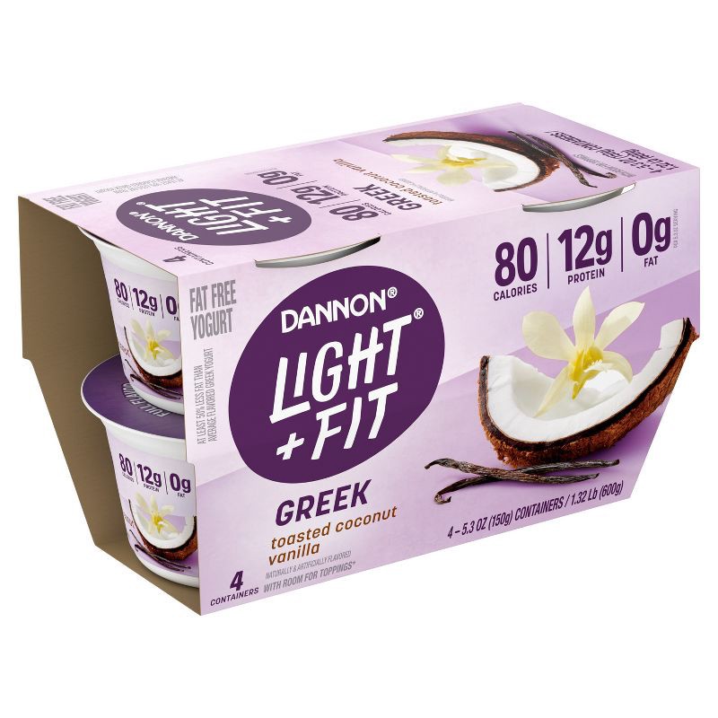 slide 3 of 11, Light + Fit Nonfat Gluten-Free Toasted Coconut Vanilla Greek Yogurt - 4ct/5.3oz Cups, 4 ct; 5.3 oz