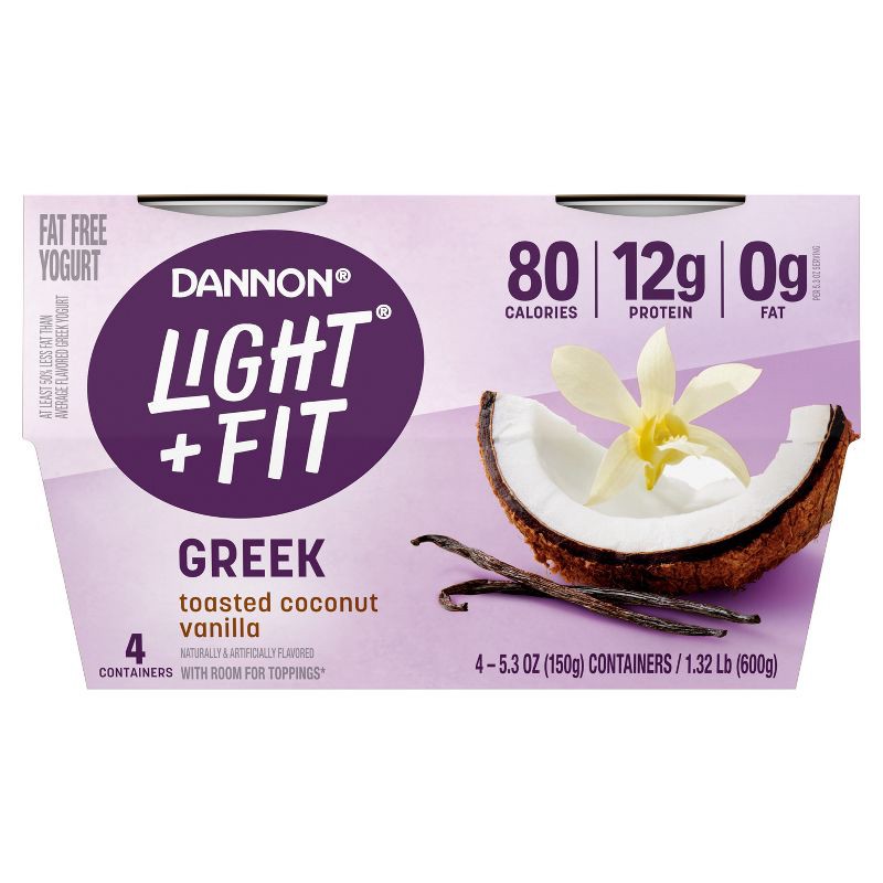 slide 7 of 11, Light + Fit Nonfat Gluten-Free Toasted Coconut Vanilla Greek Yogurt - 4ct/5.3oz Cups, 4 ct; 5.3 oz