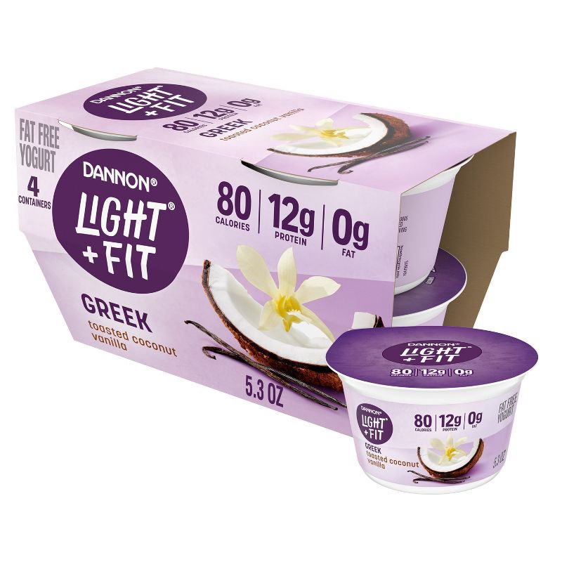 slide 1 of 13, Light + Fit Nonfat Gluten-Free Toasted Coconut Vanilla Greek Yogurt - 12g Protein 4ct/5.3oz Cups, 12 gram, 4 ct, 5.3 oz