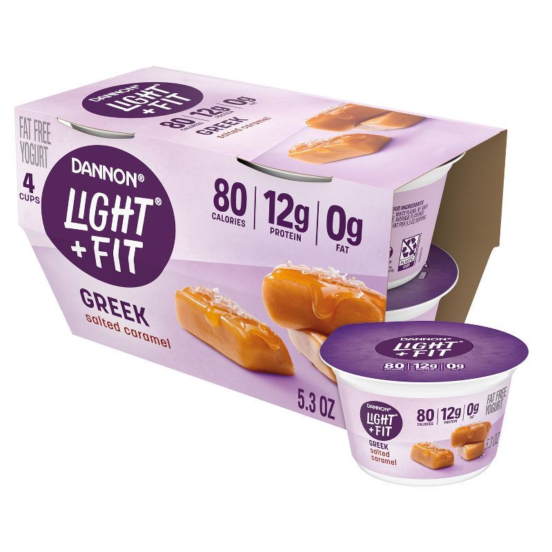 slide 1 of 7, Light + Fit Nonfat Gluten-Free Salted Caramel Greek Yogurt - 4ct/5.3oz Cups, 4 ct; 5.3 oz