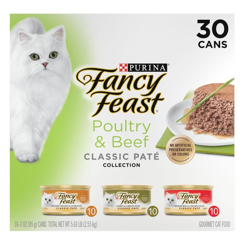 slide 2 of 10, Purina Fancy Feast Classic Paté Variety Pack Chicken, Turkey & Beef Flavor Wet Cat Food Cans - 30ct/3oz, 30 ct, 3 oz