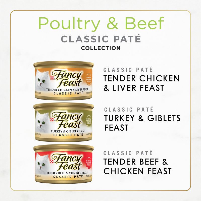 slide 3 of 10, Purina Fancy Feast Classic Paté Variety Pack Chicken, Turkey & Beef Flavor Wet Cat Food Cans - 30ct/3oz, 30 ct, 3 oz