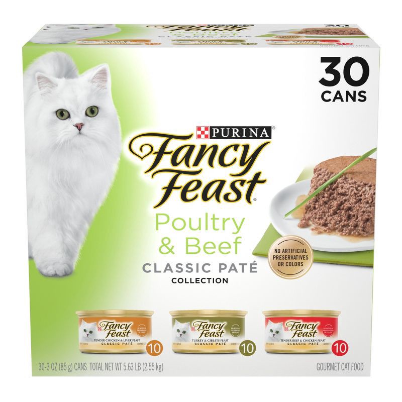 slide 1 of 10, Purina Fancy Feast Classic Paté Variety Pack Chicken, Turkey & Beef Flavor Wet Cat Food Cans - 30ct/3oz, 30 ct, 3 oz