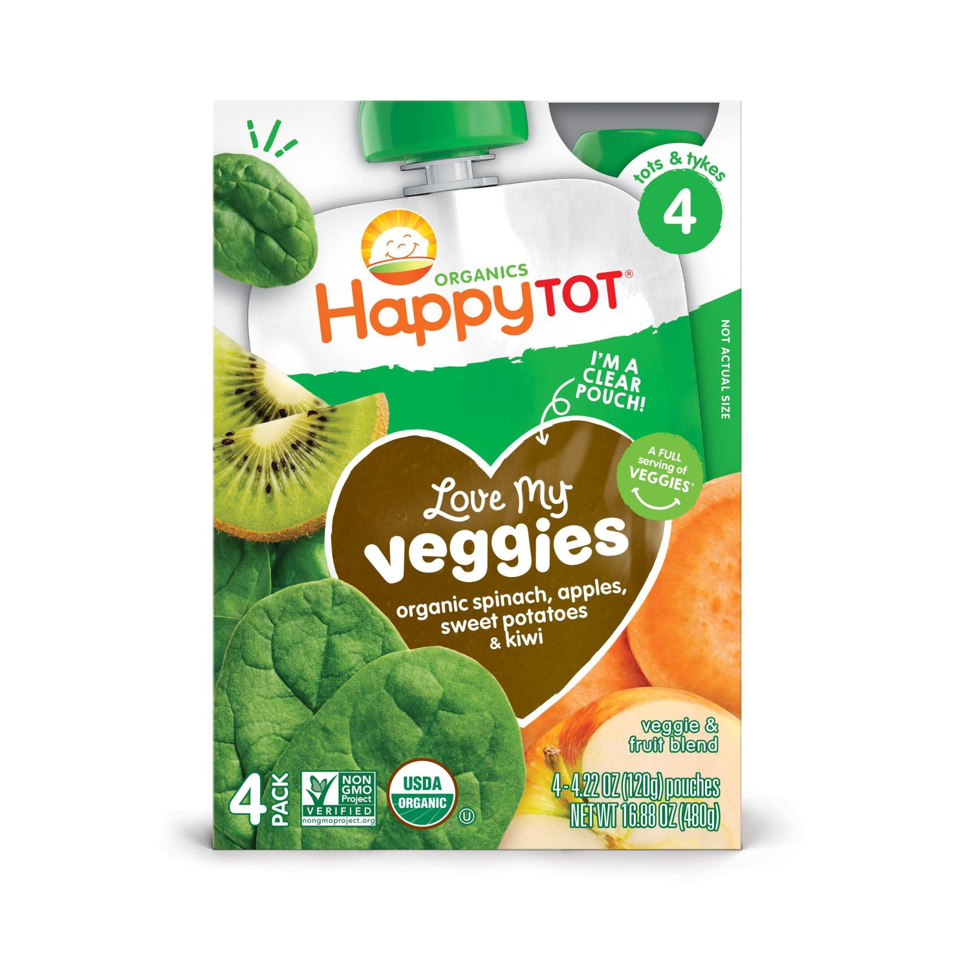 slide 1 of 3, HappyTot Love My Veggies 4pk Organic Spinach Apples Sweet Potatoes & Kiwi - 16.88oz, 4 ct, 16.88 oz