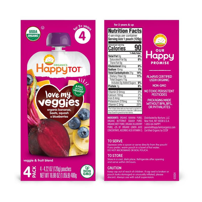 slide 4 of 8, Happy Baby Happy Tot Love My Veggies Organic Bananas, Beets, Squash & Blueberries Toddler Pouch - 4.22oz/4pk, 4 ct, 16.88 oz