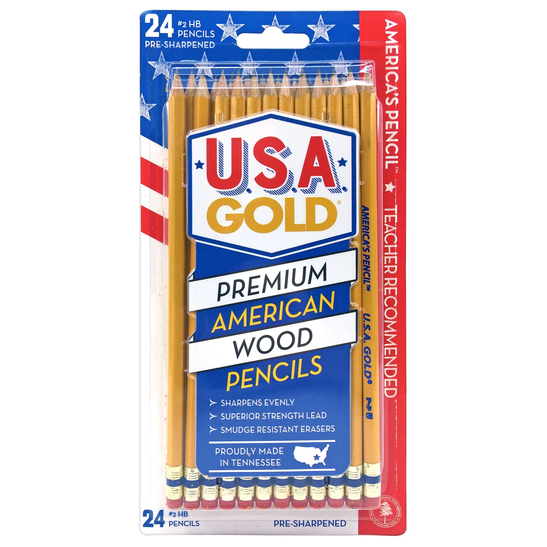 slide 1 of 7, #2 HB Pencils 2mm Pre-sharpened Premium American Wood Yellow - U.S.A. Gold, 24 ct
