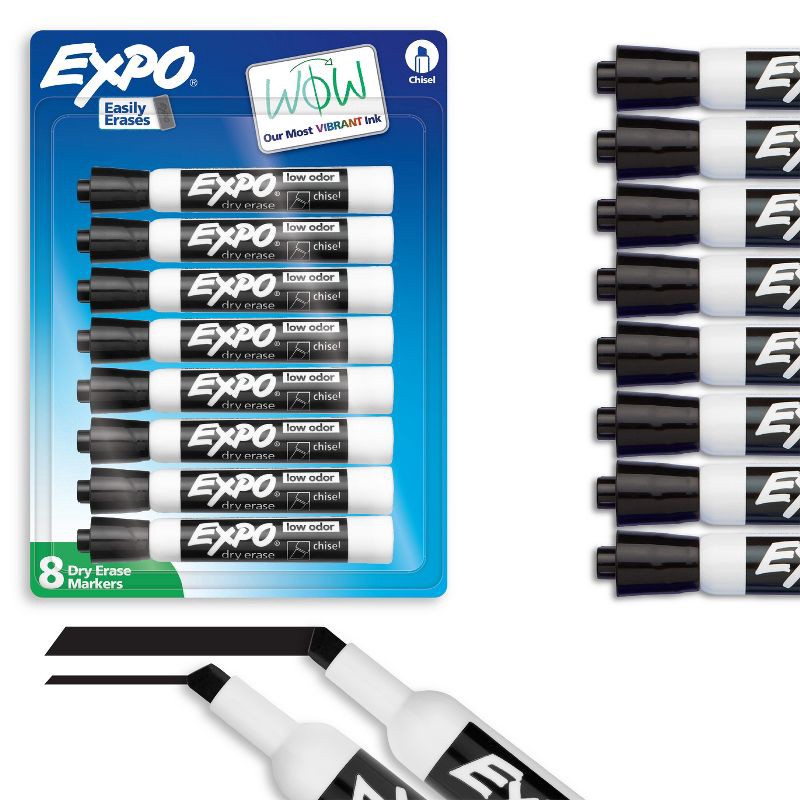 slide 1 of 9, Expo 8pk Dry Erase Markers Chisel Tip Black: Bold Point, Art & Office Supplies, Ages 6+, No Choking Hazard, 8 ct