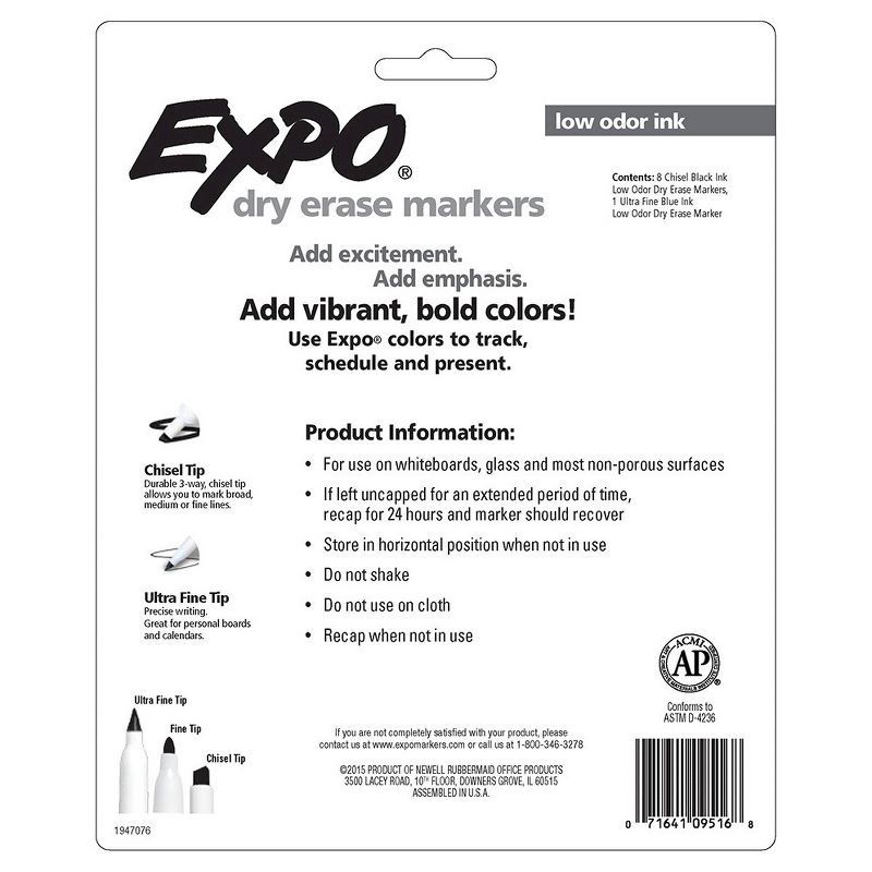 slide 9 of 9, Expo 8pk Dry Erase Markers Chisel Tip Black: Bold Point, Art & Office Supplies, Ages 6+, No Choking Hazard, 8 ct