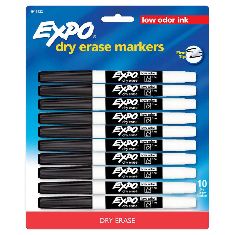 slide 1 of 6, Expo 10pk Dry Erase Markers Fine Tip Black, 10 ct