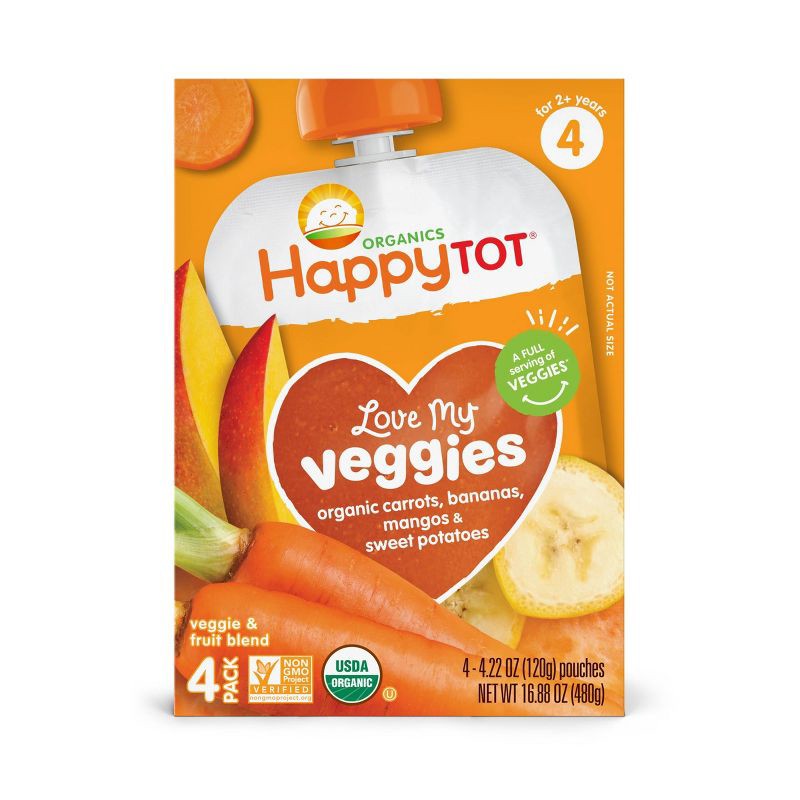 slide 1 of 4, Happy Family HappyTot Love My Veggies 4pk Organic Carrots Bananas Mangos & Sweet Potatoes - 16.88oz, 4 ct, 16.88 oz