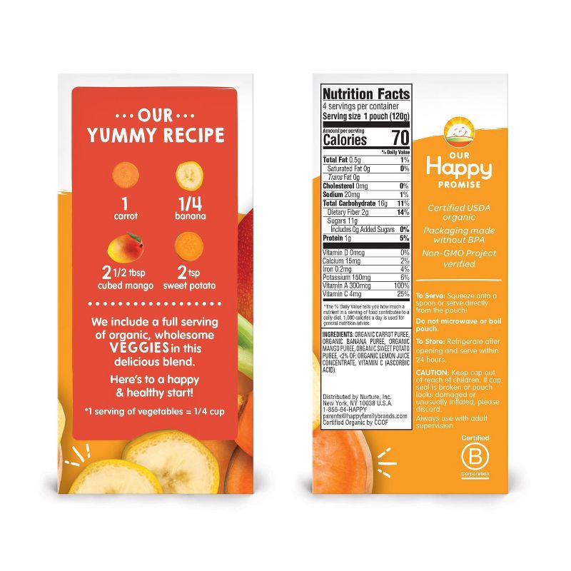 slide 4 of 8, Happy Baby Happy Tot Organics Love My Veggies Stage 4 - Organic Carrots/Bananas - 4.22oz/4pk, 4.22 oz, 4 ct