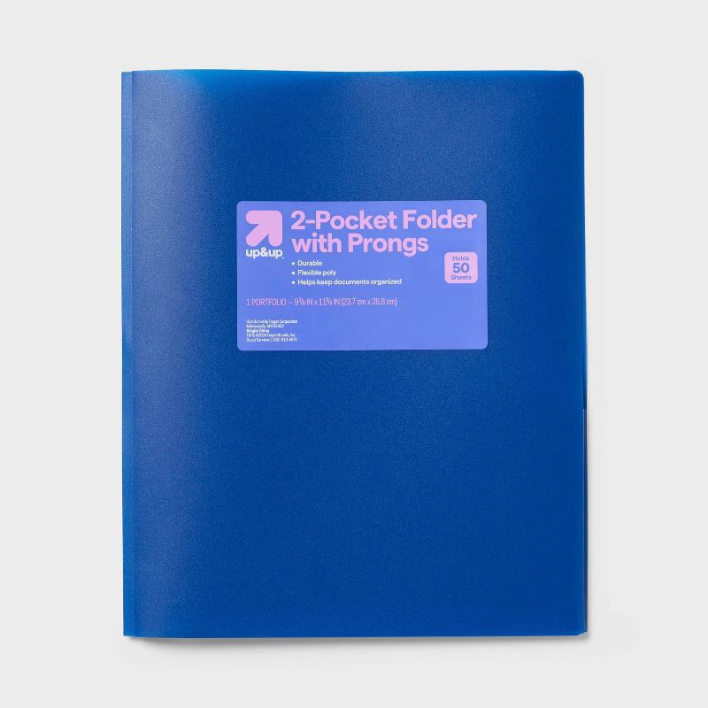 slide 1 of 3, 2 Pocket Plastic Folder with Prongs Blue - up&up™: School Supplies, Polypropylene, 50 Sheet Capacity, 2 Internal Pockets, 1 ct