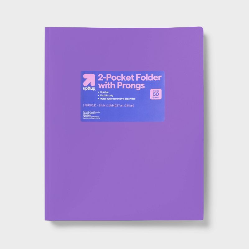 slide 1 of 4, 2 Pocket Plastic Folder with Prongs Purple - up&up™: School Supplies, Polypropylene, 50 Sheet Capacity, 2 Internal Pockets, 1 ct