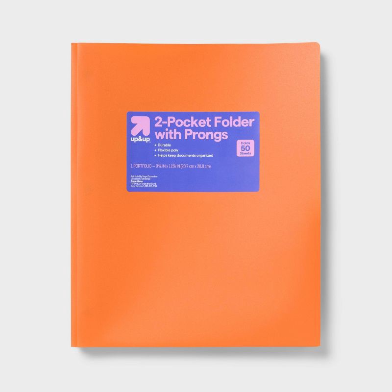 slide 1 of 4, 2 Pocket Plastic Folder with Prongs Purple - up&up™: School Supplies, Polypropylene, 50 Sheet Capacity, 2 Internal Pockets, 1 ct