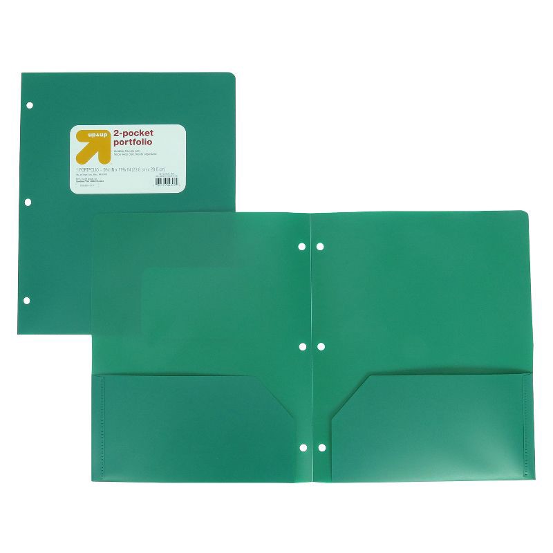 slide 3 of 3, 2 Pocket Plastic Folder Green - up&up™: Polypropylene, 3 Hole Punched, 50 Sheet Capacity, Internal Pockets, 1 ct