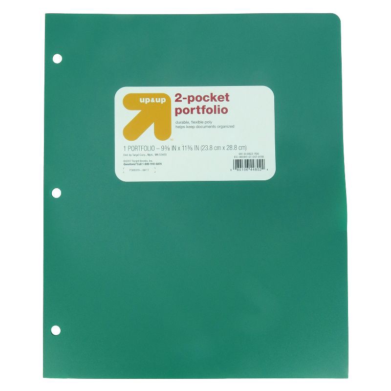 slide 1 of 3, 2 Pocket Plastic Folder Green - up&up™: Polypropylene, 3 Hole Punched, 50 Sheet Capacity, Internal Pockets, 1 ct