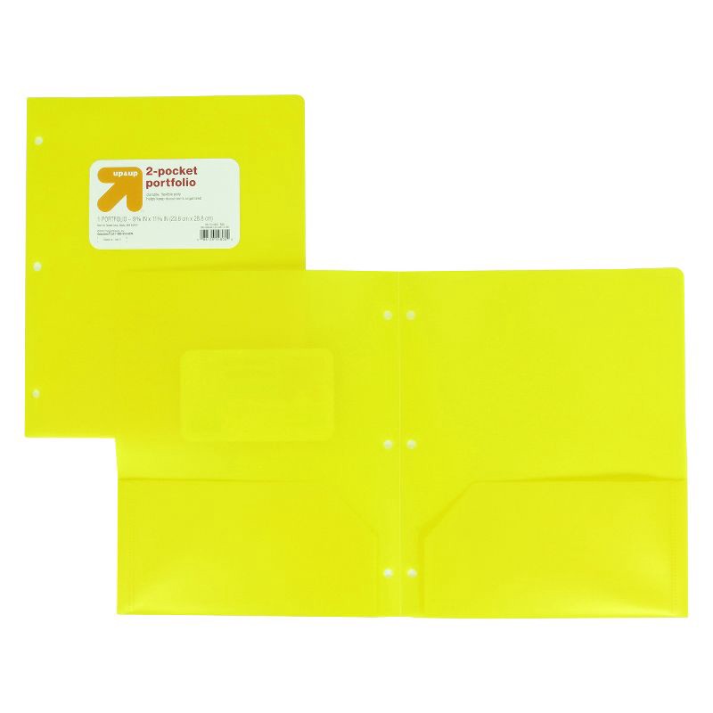 slide 3 of 3, 2 Pocket Plastic Folder Yellow - up&up™: Polypropylene, 3 Hole Punched, Internal Pockets, 50 Sheet Capacity, 1 ct