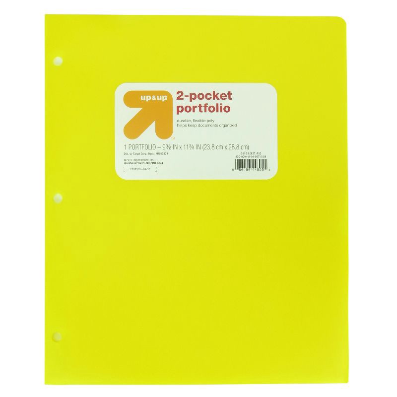 slide 1 of 3, 2 Pocket Plastic Folder Yellow - up&up™: Polypropylene, 3 Hole Punched, Internal Pockets, 50 Sheet Capacity, 1 ct