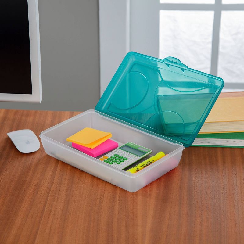 slide 3 of 5, Sterilite School Supply Pencil Box - Blue: Plastic Desk Organizer, Molokai Blue Tint, Back to School, 11.5" x 7.625" x 2.875", 1 ct