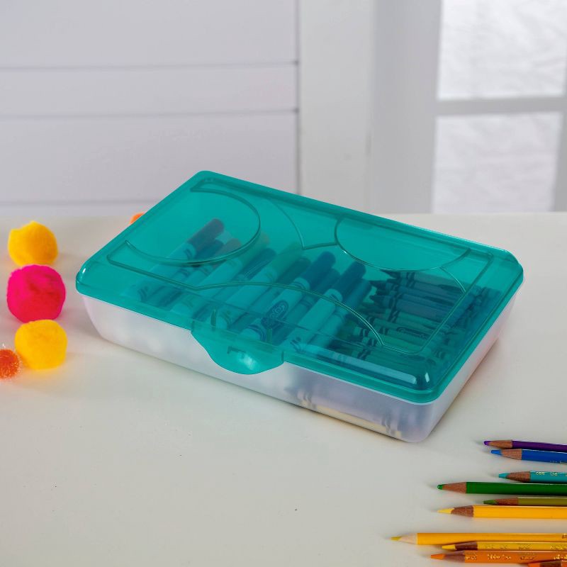 slide 5 of 5, Sterilite School Supply Pencil Box - Blue: Plastic Desk Organizer, Molokai Blue Tint, Back to School, 11.5" x 7.625" x 2.875", 1 ct