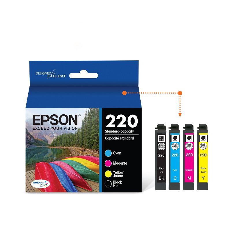 slide 2 of 7, Epson 220 Black, C/M/Y 4pk Combo Ink Cartridges - Black, Cyan, Magenta, Yellow (T220120-BC): Printer Ink, Standard Yield, 4 ct