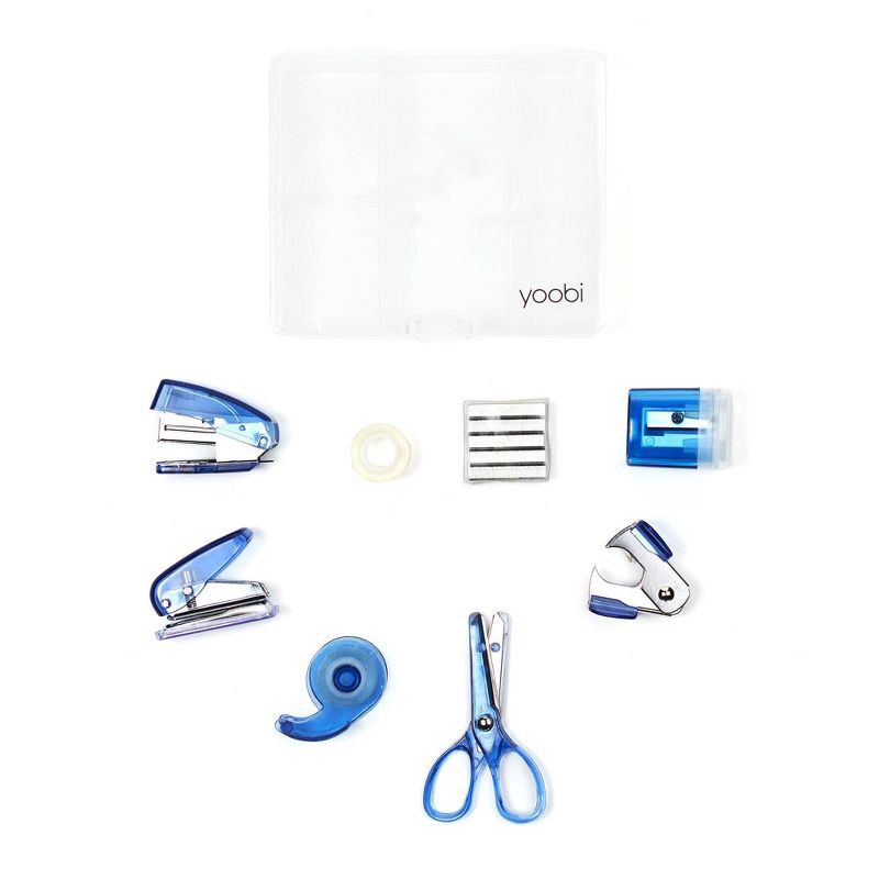 slide 2 of 8, Mini Office Supply Kit Blue - Yoobi™: Stapler, Staple Remover, Hole Punch, Tape Dispenser, Scissors, Storage Box, 1 ct