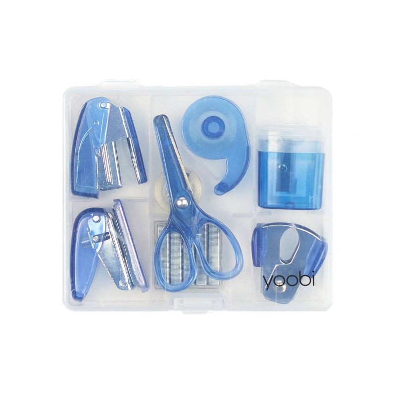 slide 4 of 8, Mini Office Supply Kit Blue - Yoobi™: Stapler, Staple Remover, Hole Punch, Tape Dispenser, Scissors, Storage Box, 1 ct