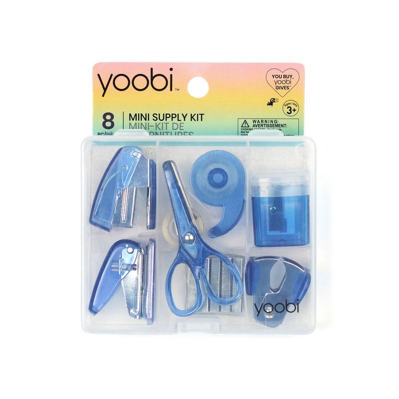 slide 1 of 8, Mini Office Supply Kit Blue - Yoobi™: Stapler, Staple Remover, Hole Punch, Tape Dispenser, Scissors, Storage Box, 1 ct