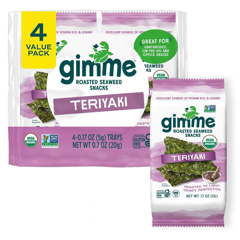 slide 5 of 5, gimme Seaweed Organic Premium Roasted Seaweed Snack, Teriyaki, .17oz, 4 Pack, 4 ct