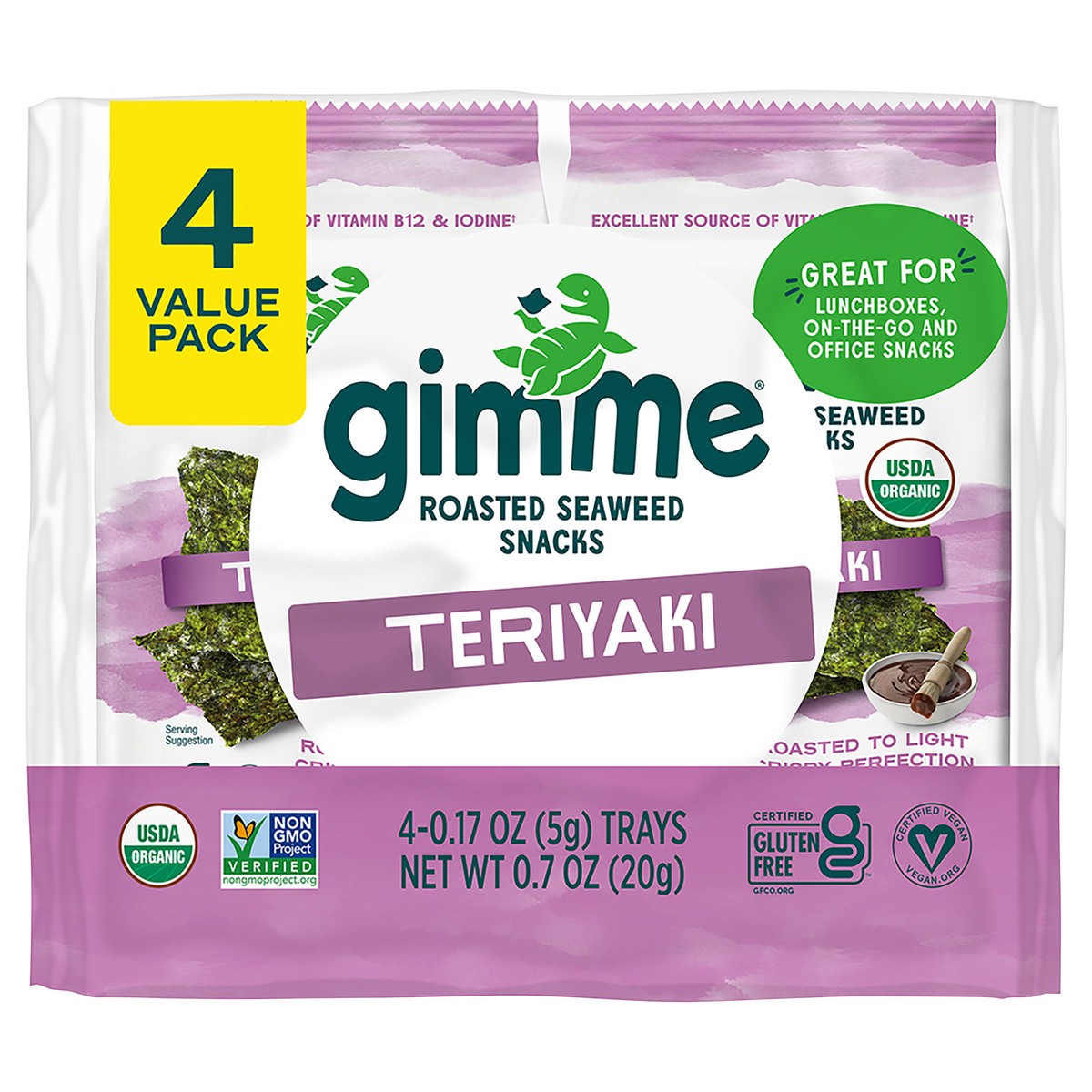 slide 1 of 5, gimme Seaweed Organic Premium Roasted Seaweed Snack, Teriyaki, .17oz, 4 Pack, 4 ct
