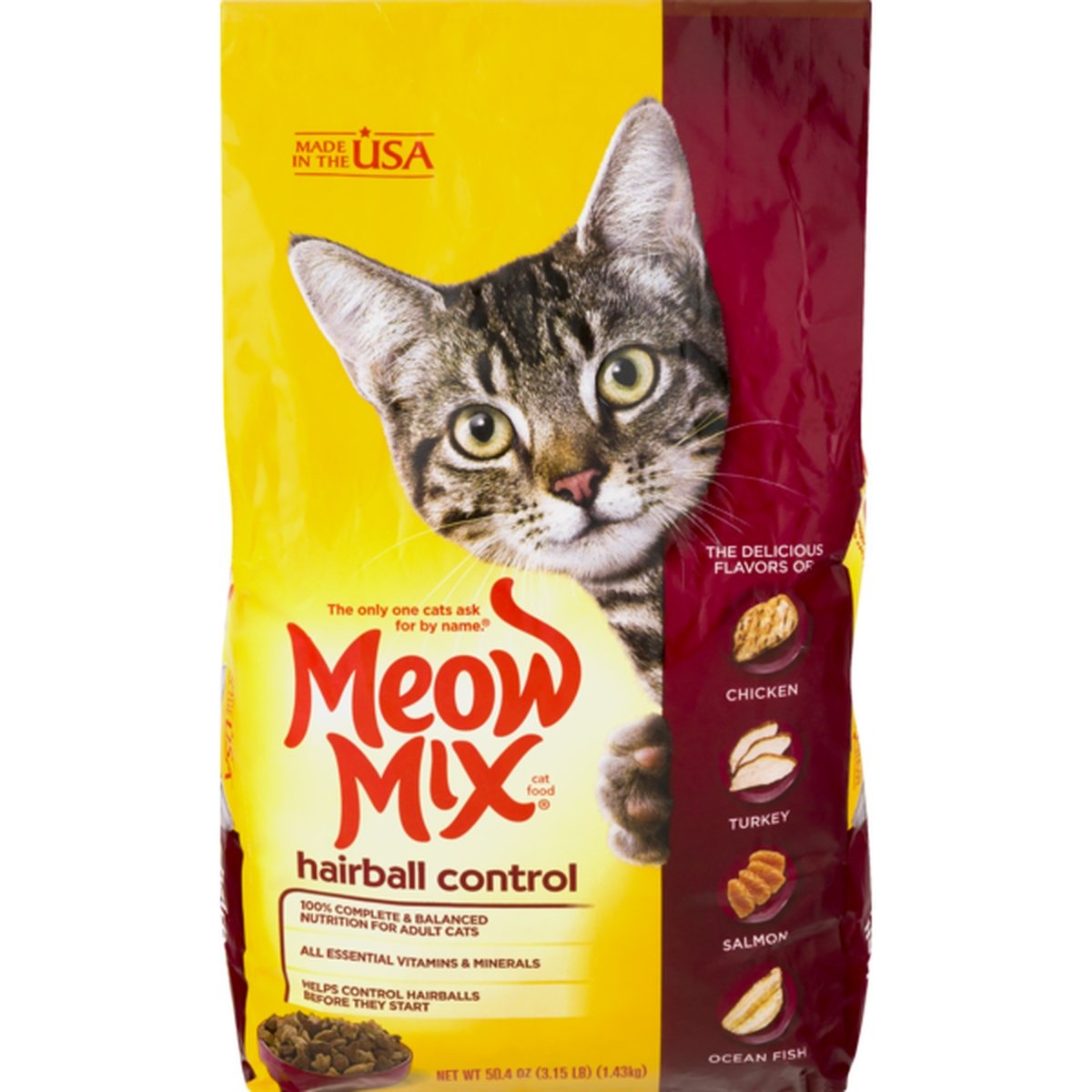slide 1 of 1, Meow Mix Cat Food Hairball Control, 3.15 lb