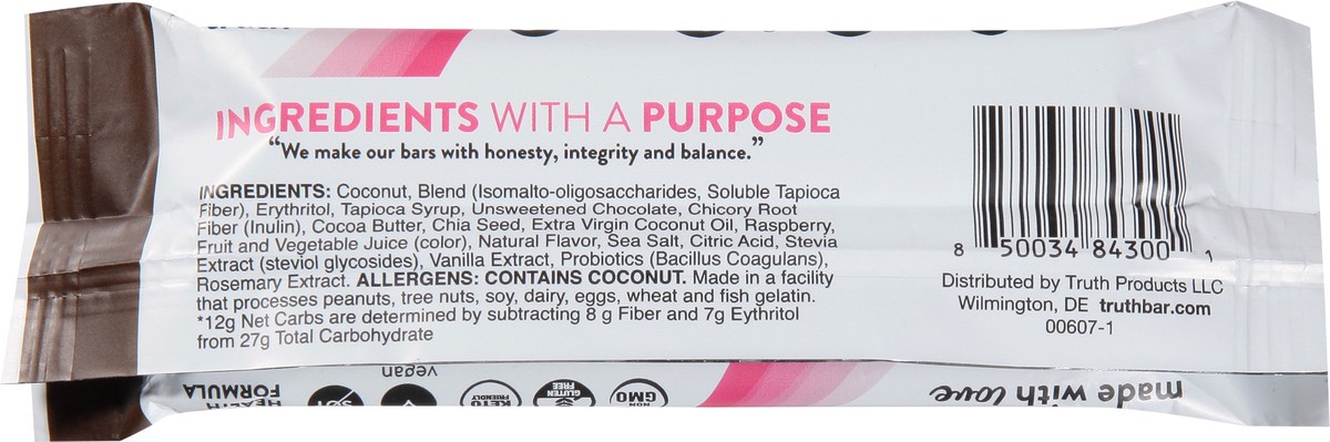 slide 13 of 14, Truth Bar Dark Chocolate Coconut Raspberry Truffle Prebiotic + Probiotic Bar 1.59 oz, 1.59 oz
