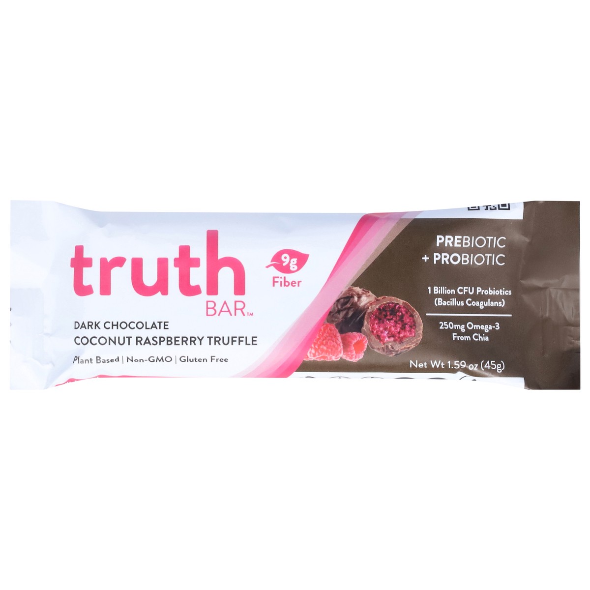 slide 1 of 14, Truth Bar Dark Chocolate Coconut Raspberry Truffle Prebiotic + Probiotic Bar 1.59 oz, 1.59 oz