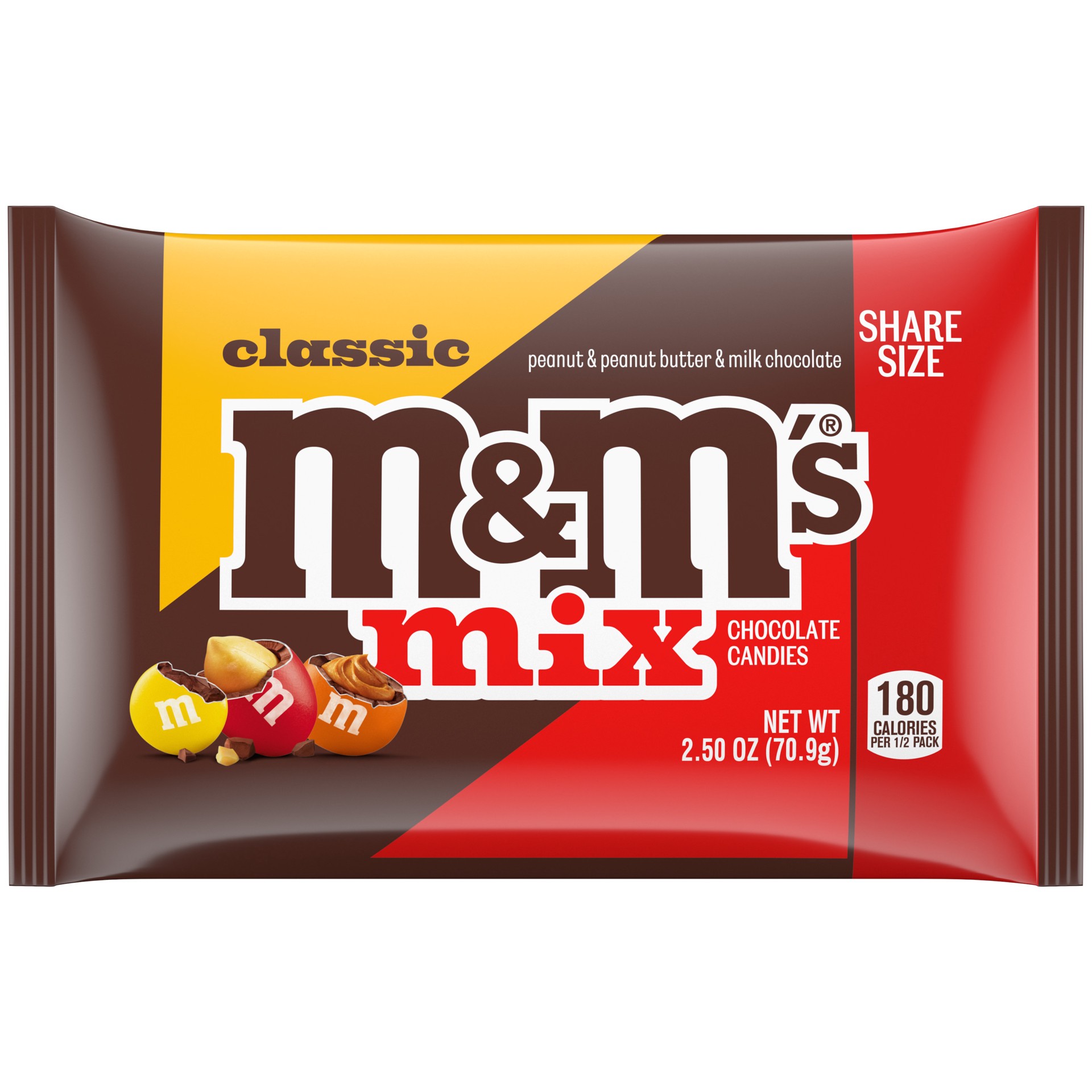 slide 1 of 8, M&M's Classic Mix of Peanut, Peanut Butter & Milk Chocolate Candy, Share Size, 2.5 oz Bag, 2.5 oz