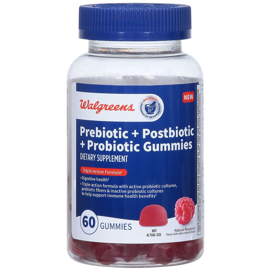 slide 5 of 5, Walgreens Prebiotic + Postbiotic + Probiotic Gummies Natural Raspberry, 60 ct