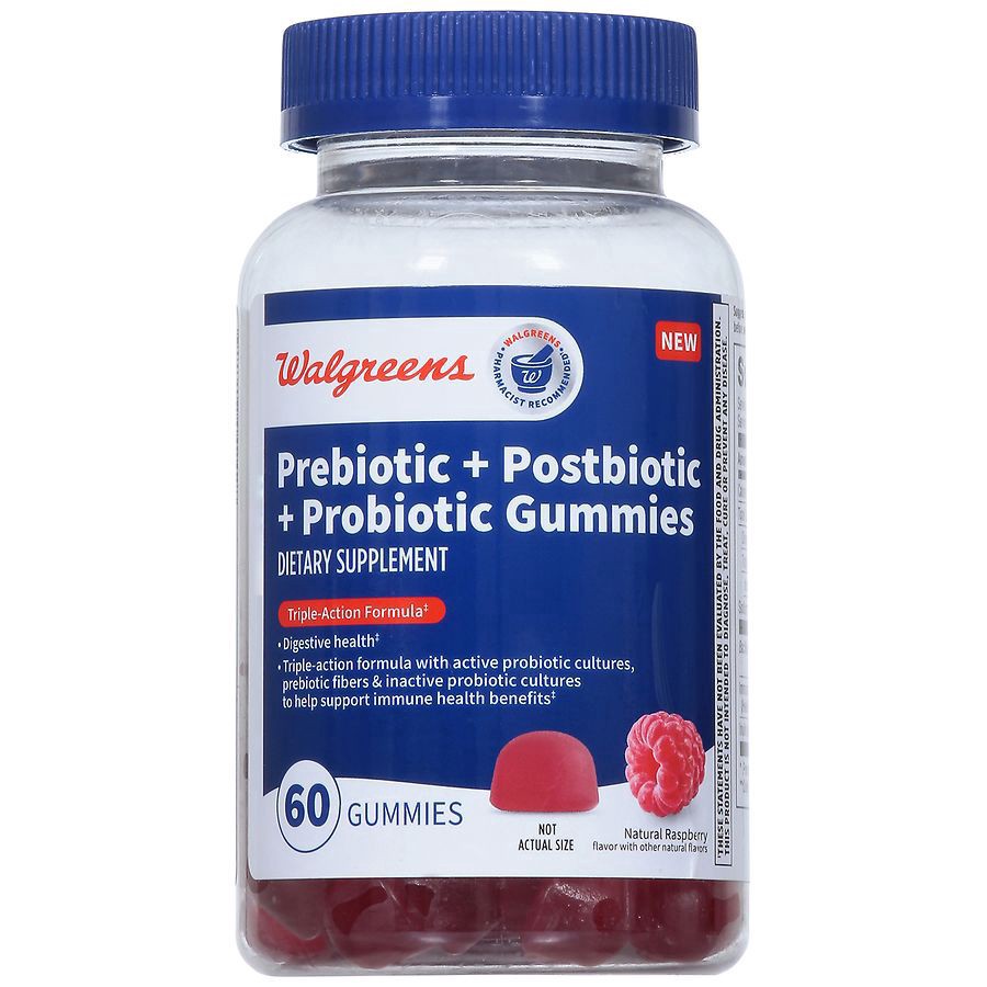 slide 1 of 5, Walgreens Prebiotic + Postbiotic + Probiotic Gummies Natural Raspberry, 60 ct