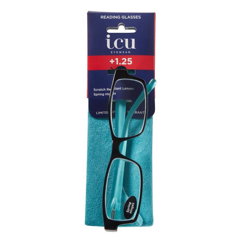 slide 7 of 7, ICU Eyewear Berryessa Large Black with Turquoise Interior Reading Glasses +1.25, 1 ct
