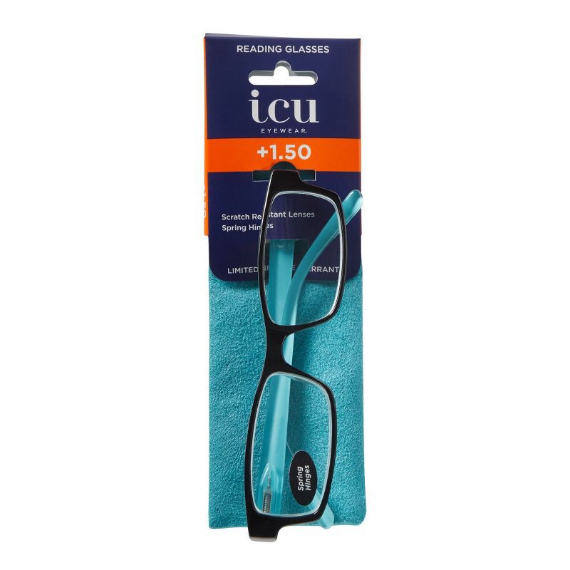 slide 7 of 7, ICU Eyewear Berryessa Large Black with Turquoise Interior Reading Glasses +1.50, 1 ct