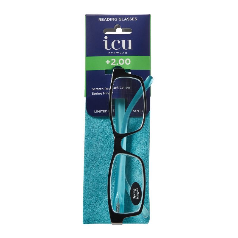 slide 7 of 7, ICU Eyewear Berryessa Large Black with Turquoise Interior Reading Glasses +2.00, 1 ct