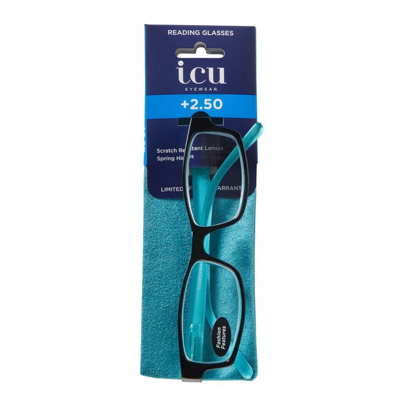 slide 6 of 7, ICU Eyewear Berryessa Large Black with Turquoise Interior Reading Glasses +2.50, 1 ct