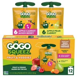 GoGo SqueeZ Fruit & VeggieZ No Sugar Added Applesauce and Puree Apple Pear Carrot and Apple Carrot Mixed Berry Variety Pack - 3.2oz/12ct